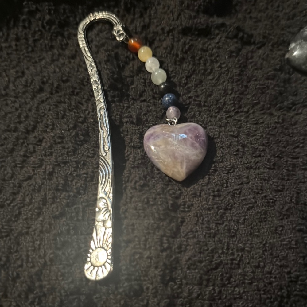 Silver bookmark with amethyst stone Heart Pendant with Beaded Chain